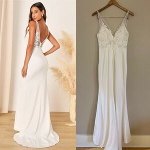 Precious Promise White Satin Embroidered Lace Mermaid Maxi Dress